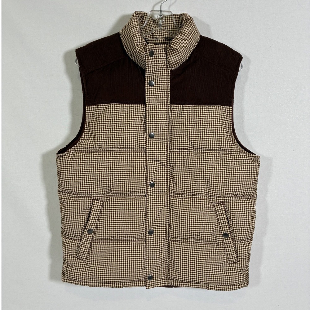 Goodfellow & Co Mens M Brown Houndstooth Midweight Puffer Vest Corduroy Yoke
